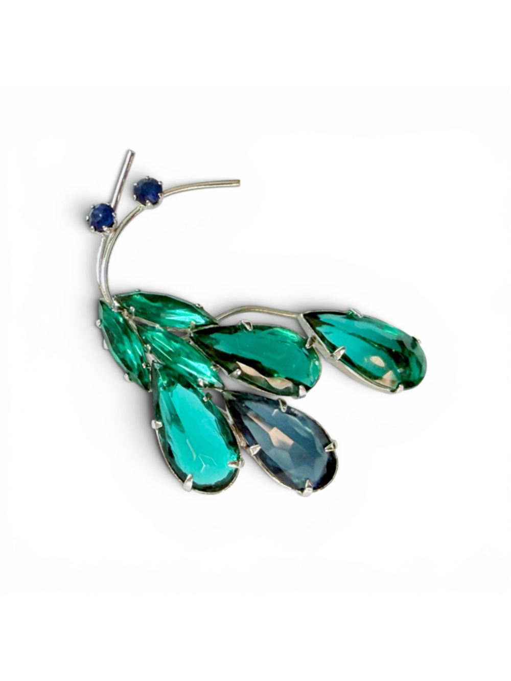 Vintage Austrian Crystal Leaf Spray Brooch, Emerald Green & Sapphire Blue.